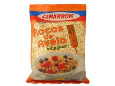 Pacote de flocos de aveia integrais CLMARRON com imagem de tigela de cereais e frutas