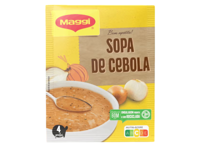 Pacote amarelo e bege de sopa Maggi Sopa de Cebola com tigela de sopa e símbolos Nutri-Score e reciclagem
