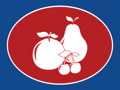 Ilustração branca de maçã, pêra e cerejas sobre fundo oval vermelho com contorno branco em fundo azul