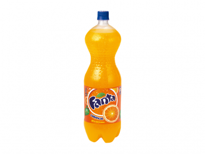 Garrafa de Fanta laranja de plástico transparente com tampa azul.
