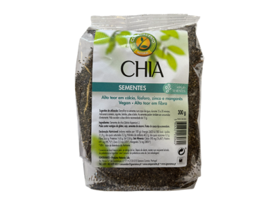 Pacote plástico de sementes de chia da Geonorte Natural com rótulo branco e verde.