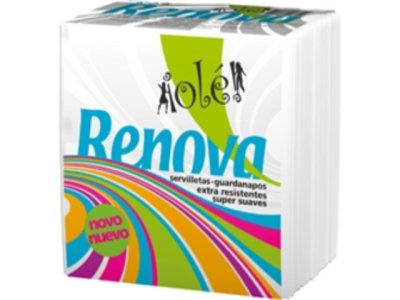Pacote colorido de guardanapos Renova com texto em português e espanhol
