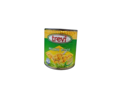 Lata de milho doce Trevi com rótulo verde e amarelo