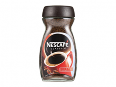 Frasco de café solúvel NESCAFÉ CLÁSSICO com rótulo vermelho e preto