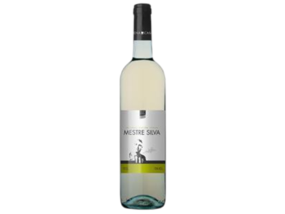 Garrafa de vinho branco Mestre Silva com rótulo prateado e faixa amarela