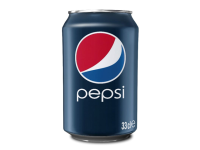 Lata de refrigerante Pepsi azul escuro com logótipo e texto branco
