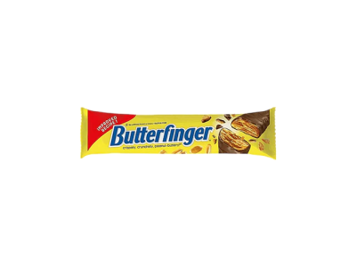 Barra de chocolate Butterfinger com embalagem amarela e vermelho no canto superior esquerdo