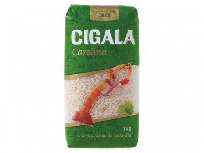 Pacote de arroz Carolino Cigala verde com imagem de camarão