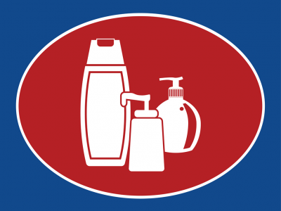 Três frascos de produtos cosméticos em fundo oval vermelho com contorno branco, fundo azul