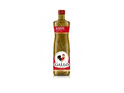 Garrafa de azeite Gallo com etiqueta vermelha e branca e tampa vermelha