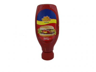 Frasco de ketchup Rio Bravo 450g com rótulo colorido e imagem de hambúrguer