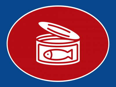 ícone de lata de peixe aberta em fundo vermelho oval e azul