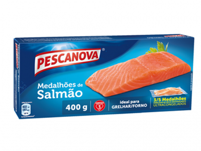 Embalagem azul de Medalhões de Salmão Pescanova de 400 g