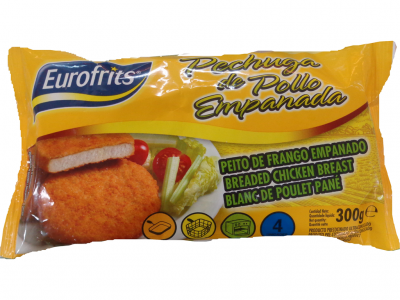 Embalagem amarela de peito de frango empanado Eurofrits com imagem do produto