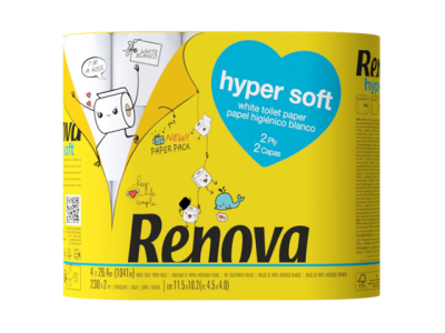 Embalagem amarela de papel higiénico Renova Hyper Soft 2 capas com texto e ilustrações