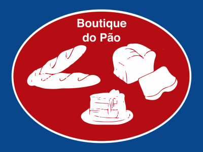 Logótipo oval vermelho com texto 'Boutique do Pão' e imagens de pão e bolo brancas