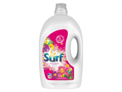 Garrafão branco de detergente líquido Surf com rótulo floral colorido