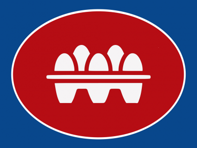 Ícone de quatro ovos brancos num suporte branco dentro de um oval vermelho sobre fundo azul