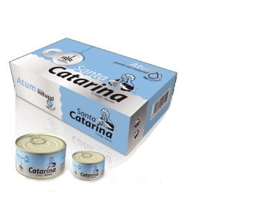 Latas e caixa de atum Santa Catarina com design azul e branco