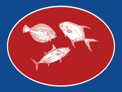 Logótipo oval vermelho com três peixes brancos em fundo azul