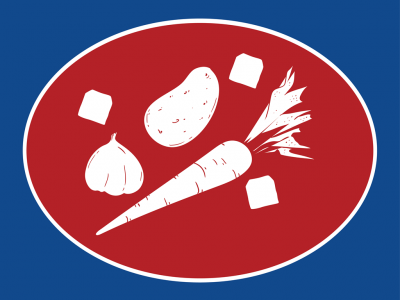 Desenho branco de alho, cenoura, batata e cubos em fundo vermelho oval sobre fundo azul