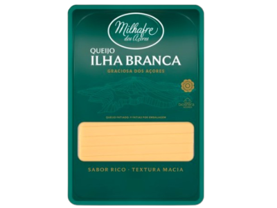 Embalagem de queijo fatiado Ilha Branca Milhafre dos Açores com janela transparente