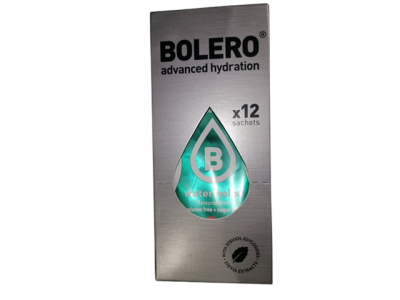 Caixa cinzenta Bolero advanced hydration com 12 saquetas e design de gota azul