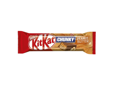 Barra KitKat Chunky Peanut Butter embalada em vermelho e castanho com imagem de chocolate e amendoins