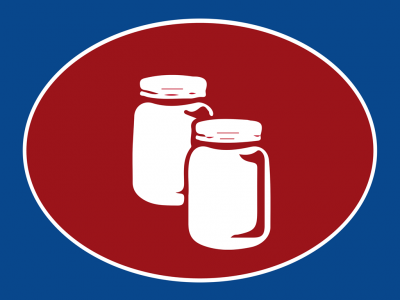 Dois frascos brancos em fundo oval vermelho com borda branca e fundo azul