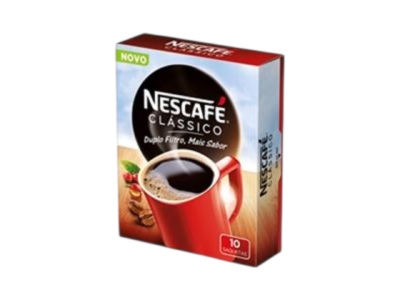 Embalagem de NESCAFE CLÁSSICO com chávena vermelha de café e texto informativo.