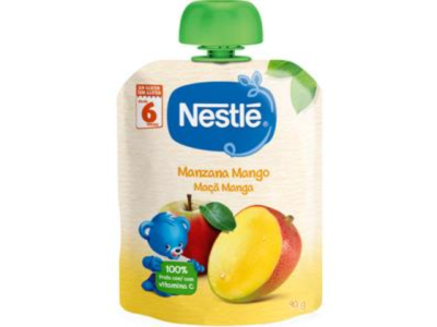 Embalagem de bebé Nestlé Manzana Mango Moça Manga com tampa verde e ursinho azul.