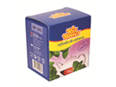 Caixa azul de infusão de alecrim da marca Riu Bravo com etiquetas amarelas e vermelhas