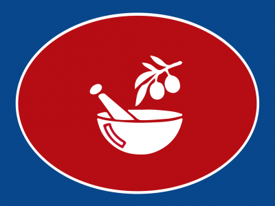 Logotipo com almofariz, pilão e ramo de azeitonas em fundo vermelho e azul
