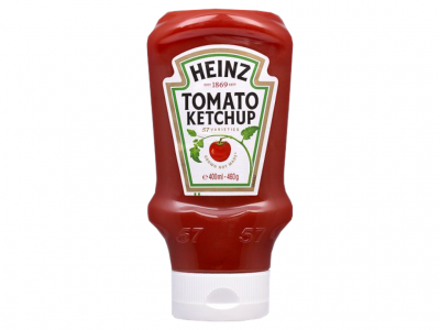Garrafa de ketchup Heinz Tomato Ketchup invertida com rótulo e tampa branca