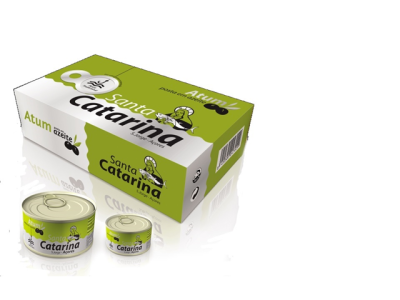 Latas e caixa de atum Santa Catarina em azeite com design verde, branco e preto