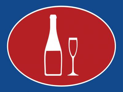 Logotipo com ícone branco de garrafa e taça de champanhe sobre oval vermelho em fundo azul