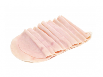 Fatias de fiambre cor-de-rosa claro em camadas sobre fundo branco