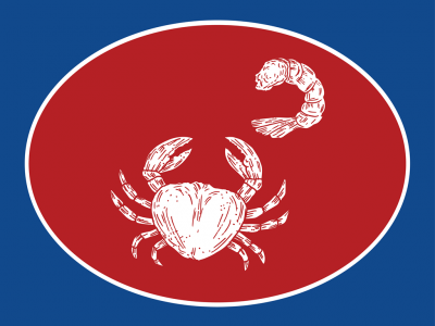 Logótipo com caranguejo e camarão em fundo oval vermelho