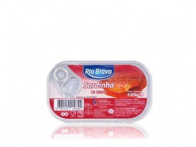 Lata de sardinha Rio Bravo em tomate 120g com rótulo vermelho