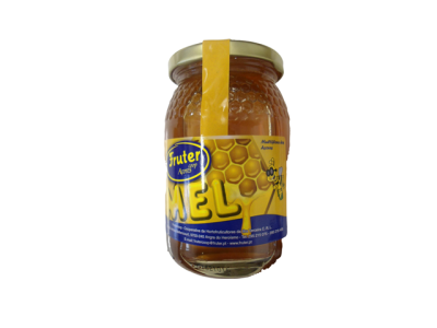 Frasco de mel Fruter Açores com etiqueta amarela e azul