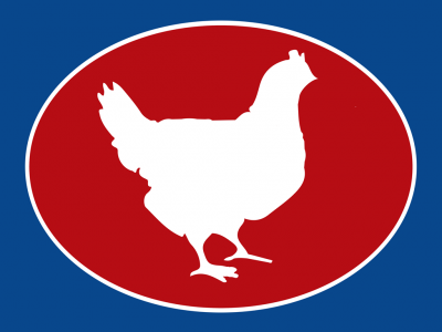 Logótipo com silhueta branca de galinha em oval vermelha