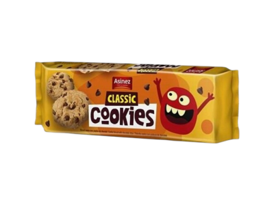 Pacote amarelo de bolachas Classic Cookies Asinez com ilustração e personagem vermelha