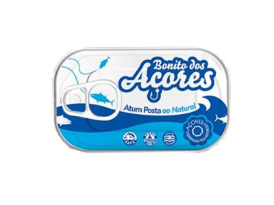 Lata de atum posta ao natural Bonito dos Açores com design azul e branco