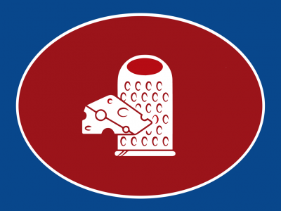 Ilustração de ralador de queijo com fatias de queijo sobre fundo vermelho oval em fundo azul