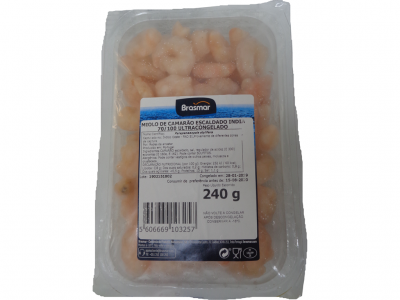 Embalagem de plástico transparente com miolo de camarão escaldado 240 g da marca Brasmar