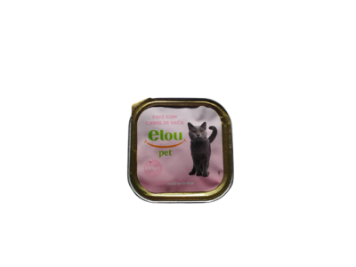 Embalagem de paté para gato Elou pet com rótulo rosa e dourado