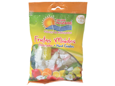 Pacote de rebuçados duros Drops Nazaré com imagens de frutas no pacote