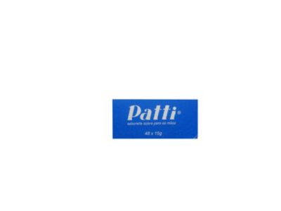 Embalagem azul de sabonete Patti com texto branco