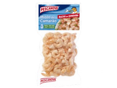 Pacote de miolo de camarão Pescanova com etiqueta azul e branco