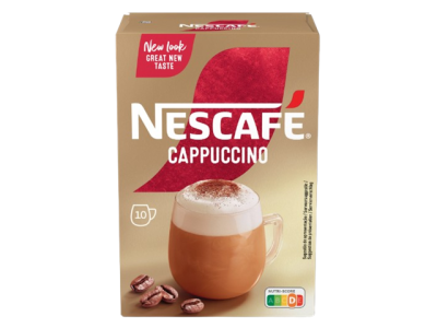 Embalagem de Nescafé Cappuccino com imagem de chávena de cappuccino e grãos de café.
